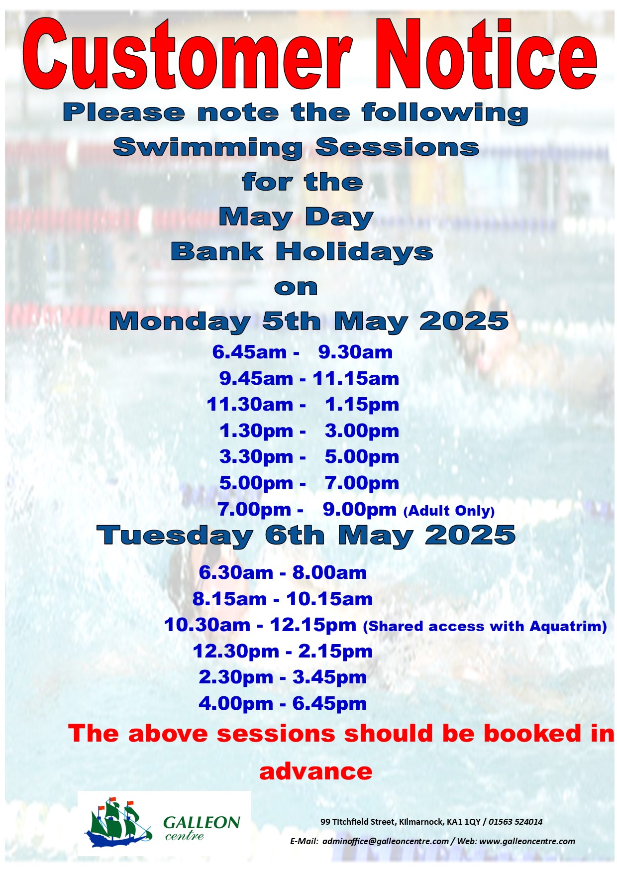 Bank Holiday swim sessions 05.05 06.05.25
