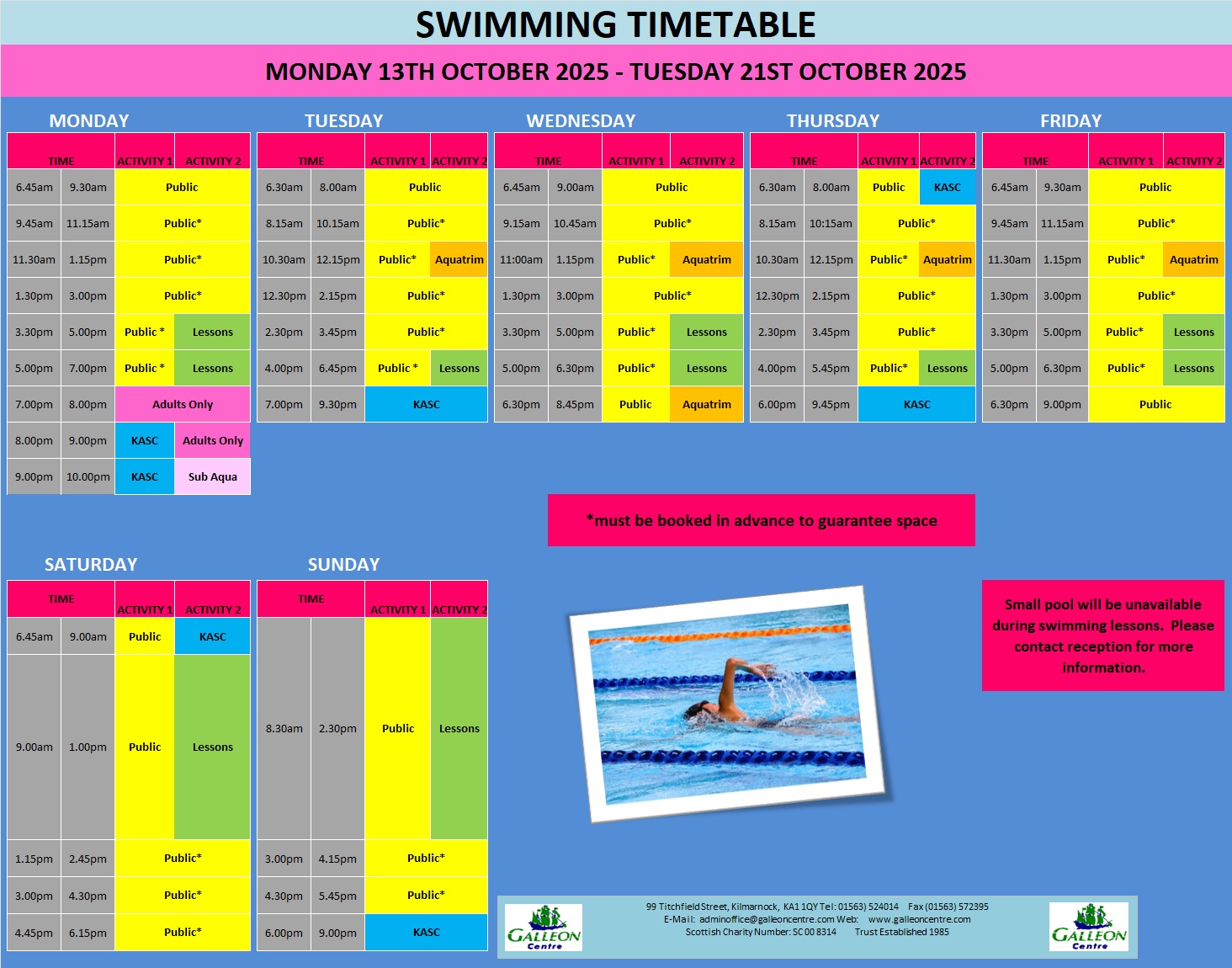 POOL TIMETABLE FROM 13.10.25 21.10.25