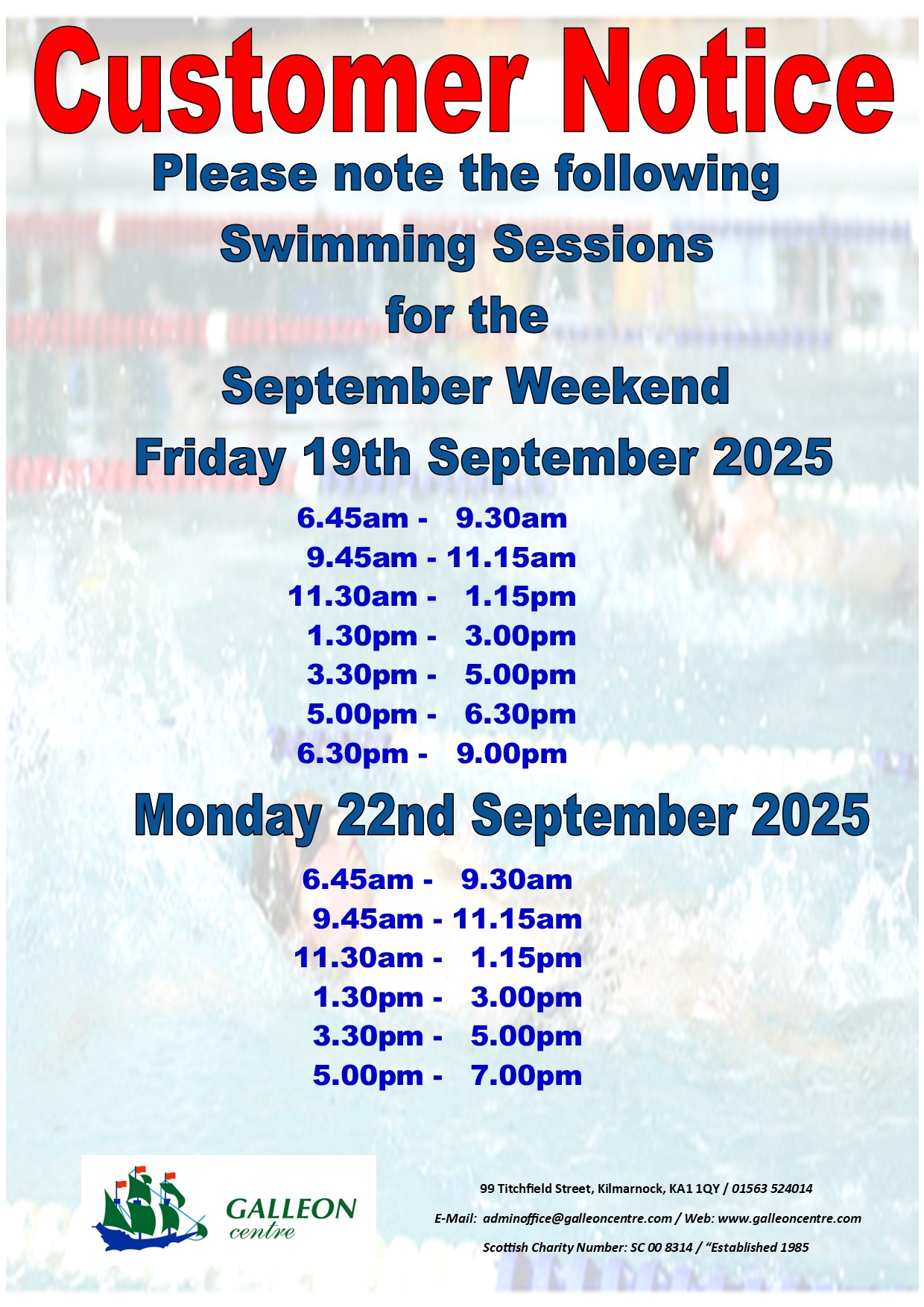 September Weekend swim sessions 19.09.25