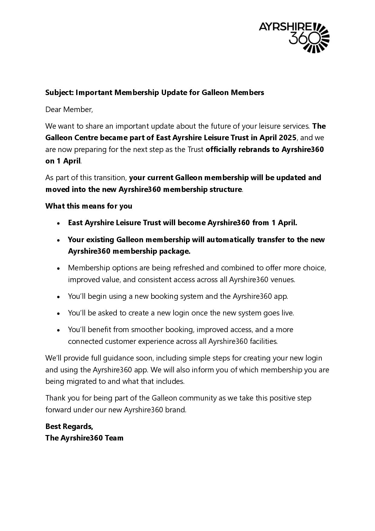 Membership Update for Galleon Members